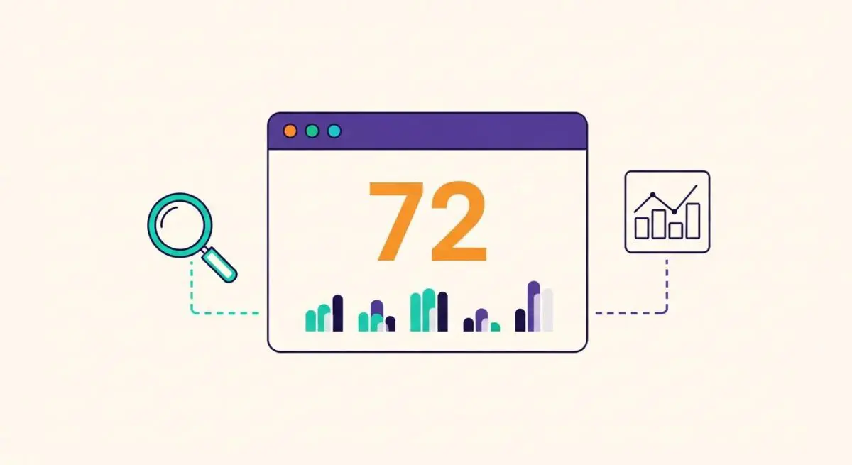 A magnifying glass highlights a browser window displaying '72' with a bar graph, representing GTmetrix performance scores.