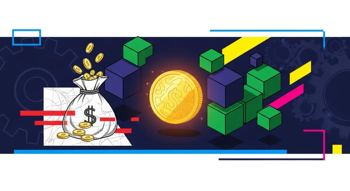 The gamification of finance concept with a money bag, coins, and blocks representing financial growth.