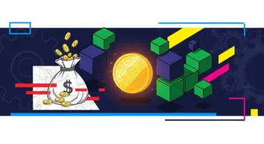 The gamification of finance concept with a money bag, coins, and blocks representing financial growth.