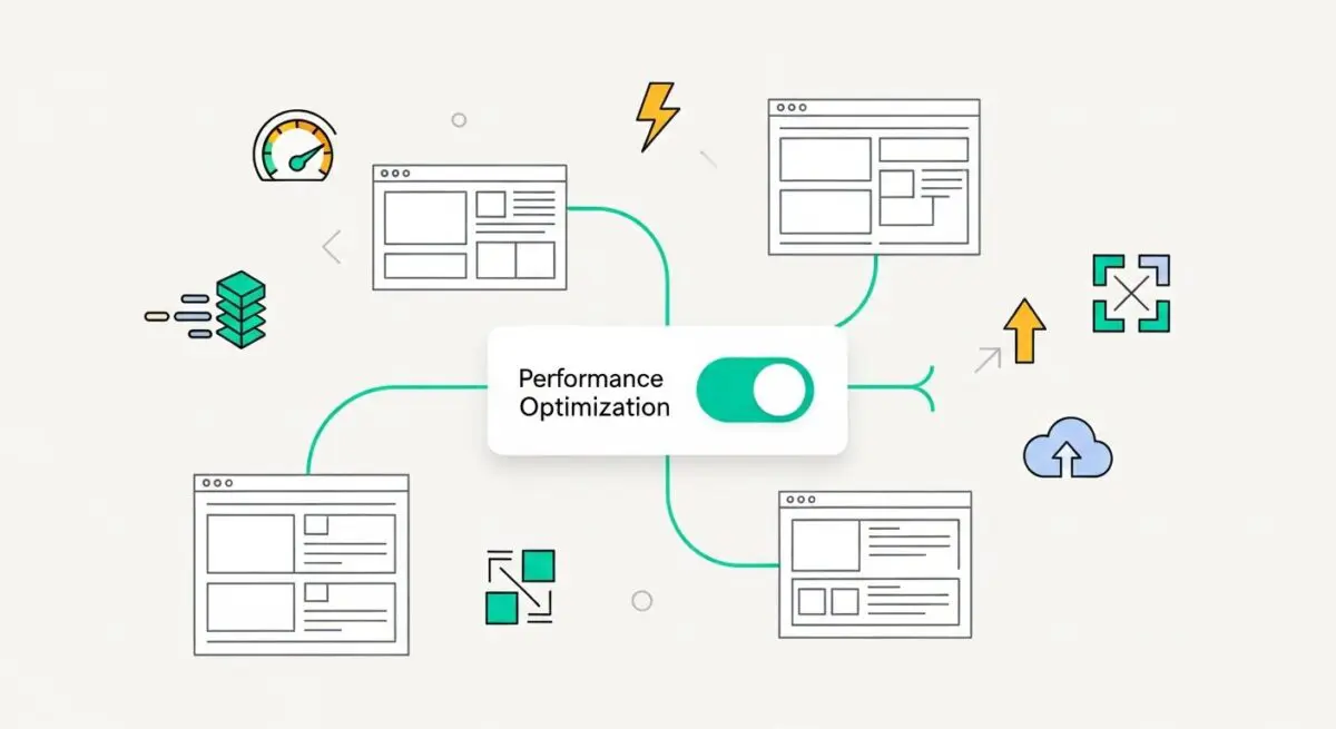 Diagram illustrating performance optimization with a toggle switch connected to website layouts, speed gauges, and cloud icons. GeneratePress integration.