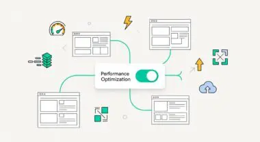 Diagram illustrating performance optimization with a toggle switch connected to website layouts, speed gauges, and cloud icons. GeneratePress integration.