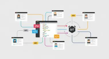 Diagram showing code, APIs, and Git integration connecting various user interfaces, representing GitHub's collaborative platform.