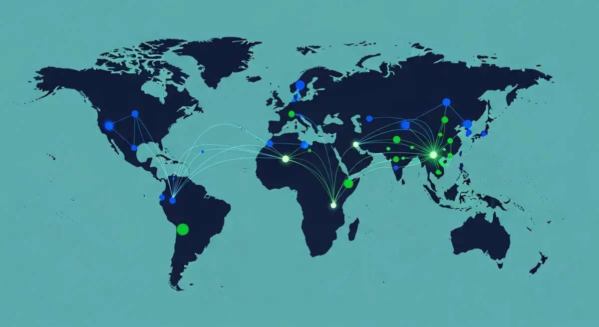 Global network connections across continents, conceptualizing a world without a billionaire class.