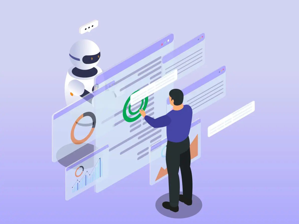 Isometric illustration of a man interacting with holographic data screens alongside a friendly AI robot assistant.