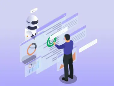 Isometric illustration of a man interacting with holographic data screens alongside a friendly AI robot assistant.