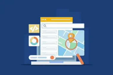 Flat vector illustration of a laptop displaying search results, a map with a location pin, and data icons.