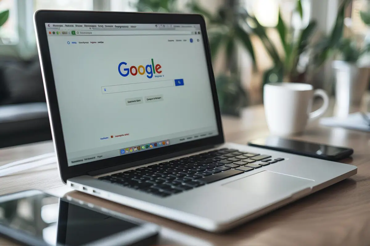 Laptop displaying the Google search engine homepage on a wooden desk with a coffee mug.