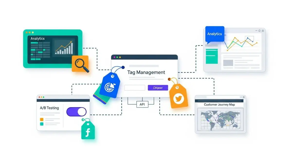 Illustration showing Google Tag Manager connecting various marketing analytics tools like A/B testing and customer journey maps.