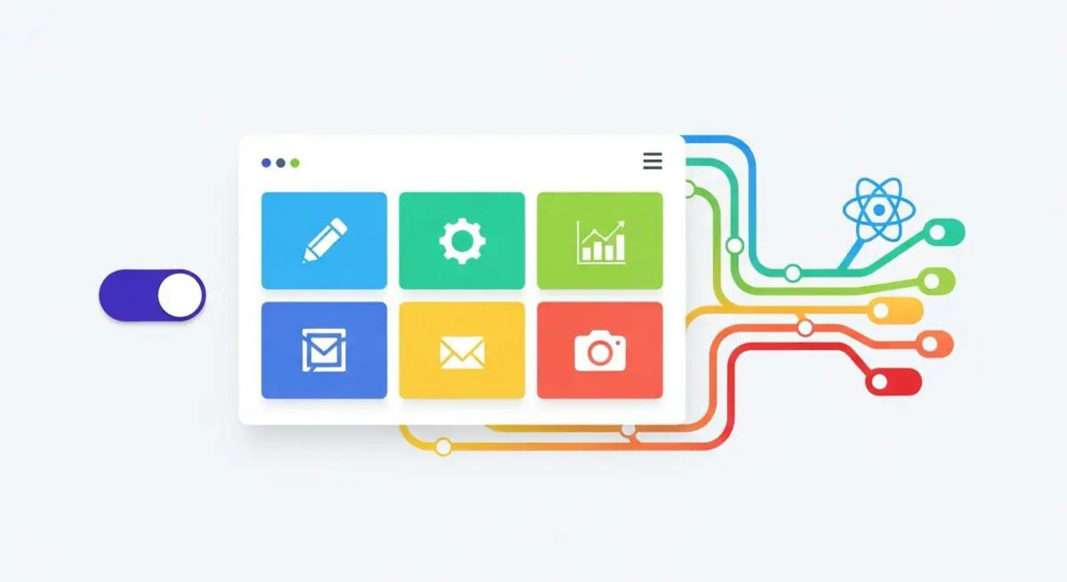 A toggle switch and a dashboard interface with icons for editing, settings, analytics, mail, and camera representing the Gutenberg Block Editor.