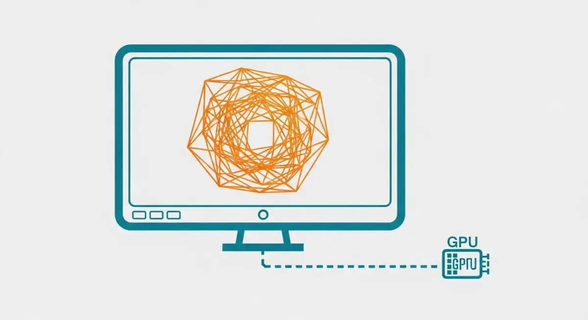 Abstract geometric shape on a monitor screen, connected to a GPU icon, illustrating hardware acceleration.