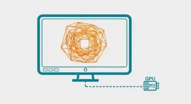 Abstract geometric shape on a monitor screen, connected to a GPU icon, illustrating hardware acceleration.