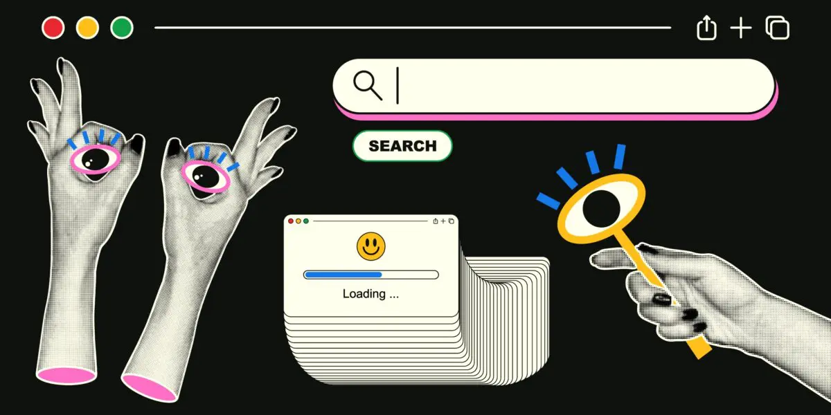 Surreal collage featuring hands with eyes, a search bar, and a loading window on a black background.