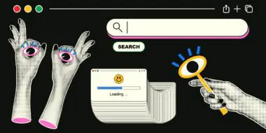 Surreal collage featuring hands with eyes, a search bar, and a loading window on a black background.