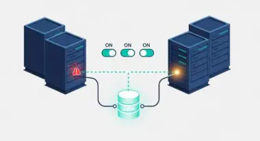 Two server racks connected to a central database, with one server showing a critical alert indicating a potential failure for high availability.