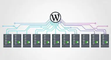 WordPress logo connected to multiple servers, illustrating horizontal scaling.