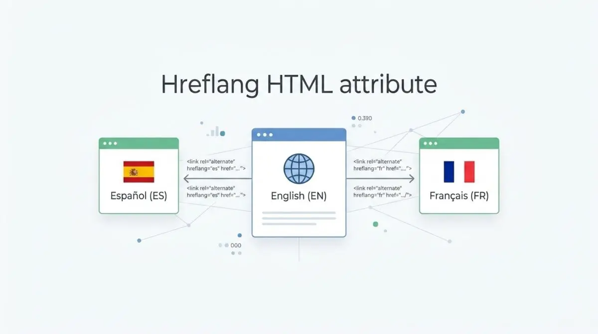 A diagram illustrates the hreflang HTML attribute connecting an English website to Spanish and French language versions.