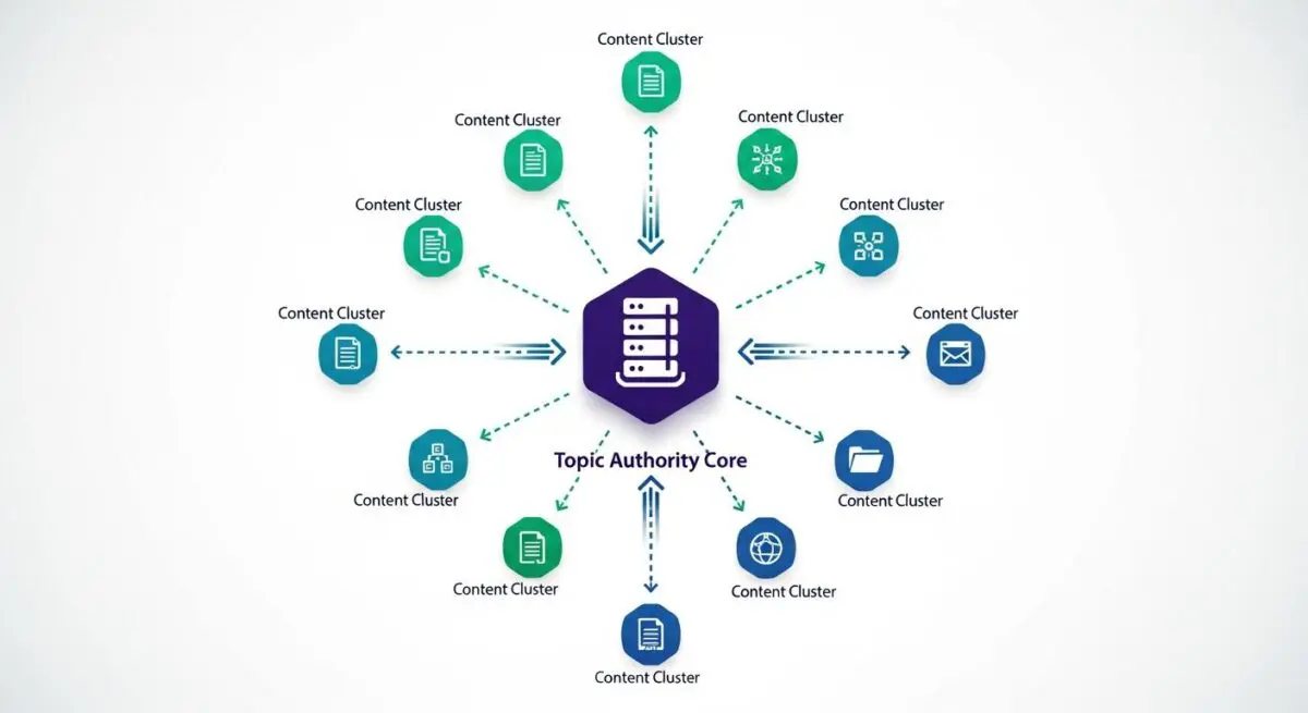 Diagram illustrating the Hub and Spoke Model with a central Topic Authority Core and surrounding Content Clusters.
