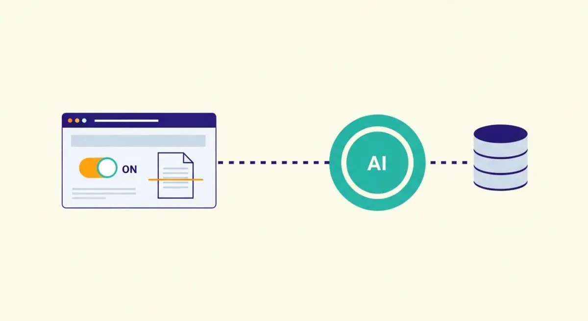 Diagram shows an interface with an ON toggle, connecting to AI, then to a database, representing human-in-the-loop AI.
