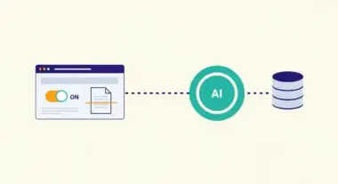 Diagram shows an interface with an ON toggle, connecting to AI, then to a database, representing human-in-the-loop AI.