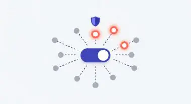 A blue toggle switch is highlighted, surrounded by dotted lines connecting to gray dots, with a shield icon and red-glowing circles indicating IP Whitelisting access.