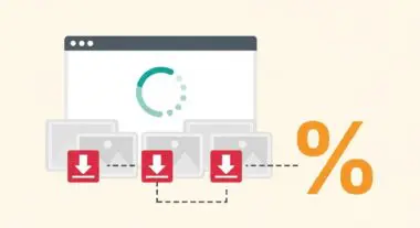 Illustrates the concept of image compression with download icons and a percentage symbol, indicating file size reduction.