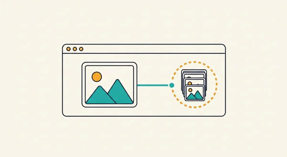 Conceptual graphic showing a single image being processed into multiple smaller image versions for web optimization.