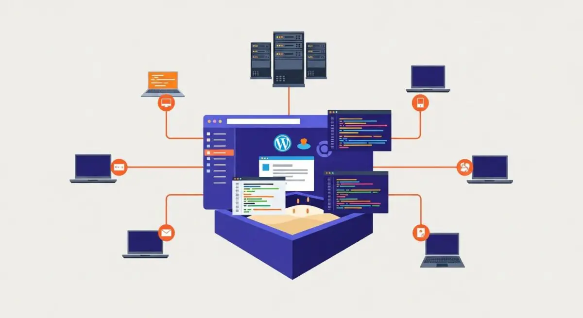 A network diagram showing servers and laptops connecting to a central WordPress interface, illustrating InstaWP's connectivity.