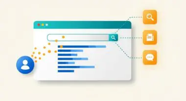 A graphic representing search results and user intent classification with icons for search, documents, and chat.
