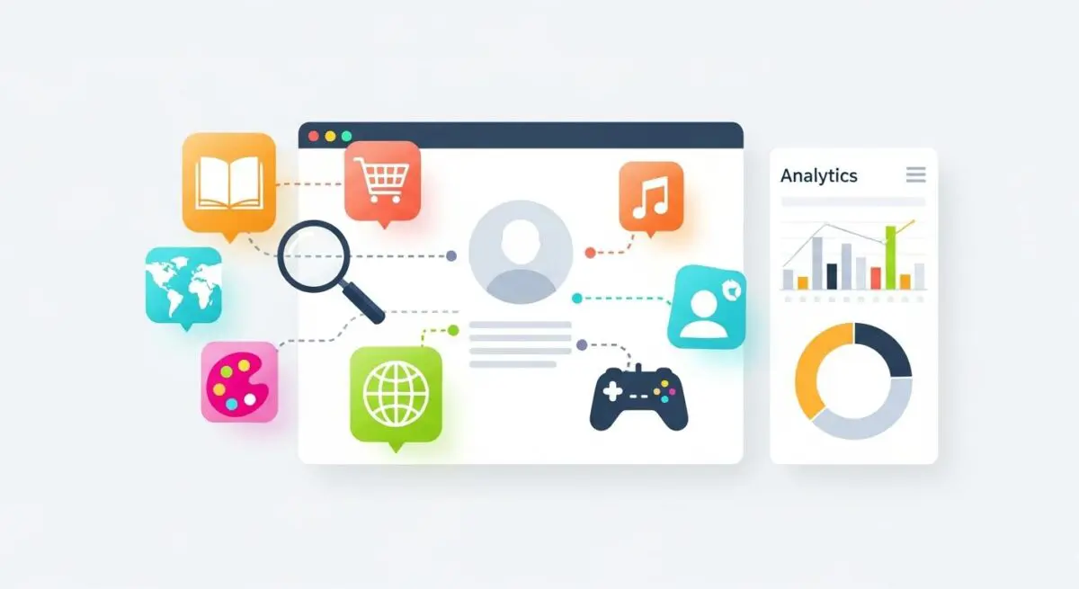 Icons representing interests like reading, shopping, music, gaming, and art connected to user profiles, illustrating interest-based targeting.