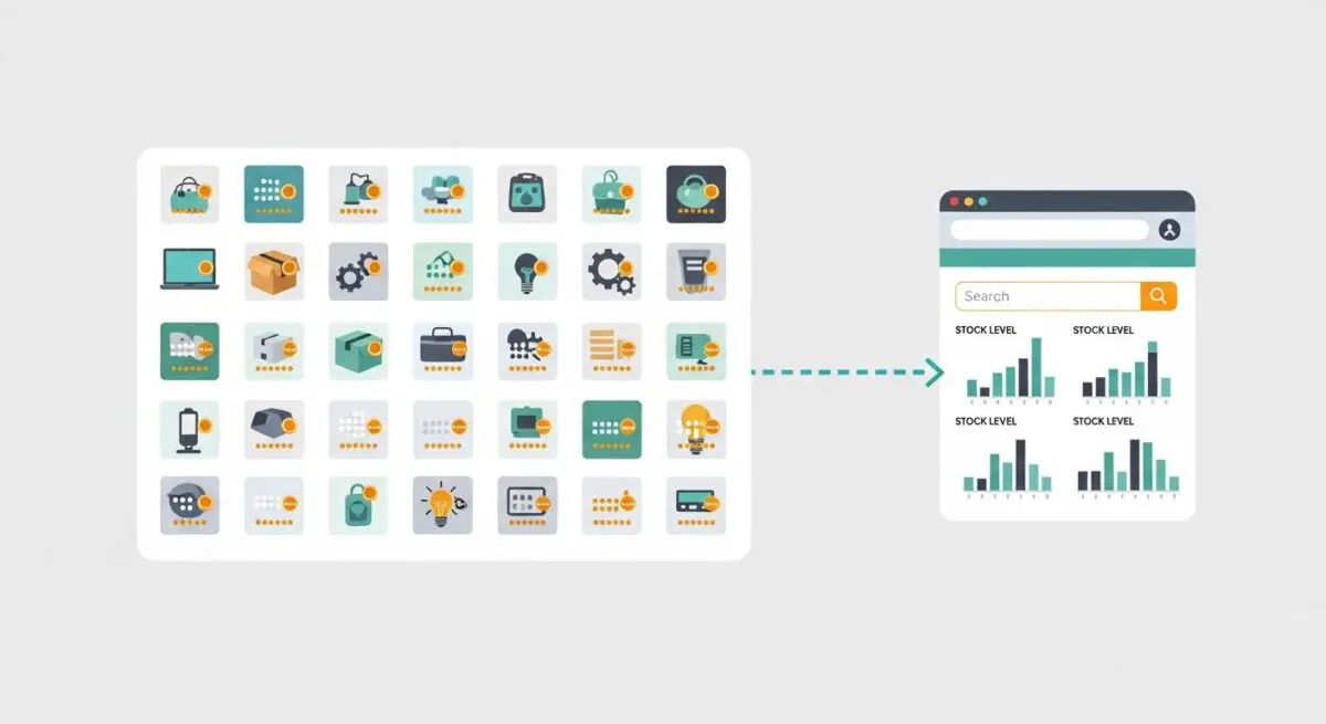 Icons representing various components of an inventory management system connecting to stock level charts.