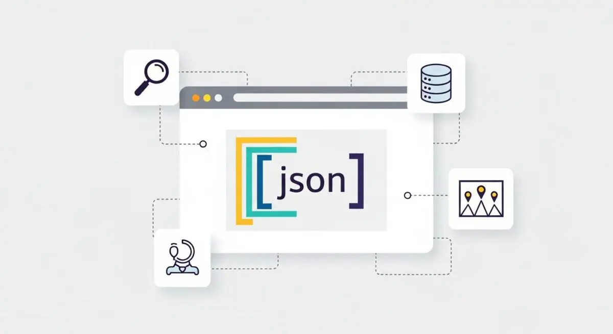 Diagram illustrating the integration of JSON structured data with search, database, and content icons.