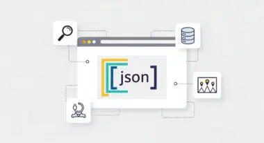 Diagram illustrating the integration of JSON structured data with search, database, and content icons.