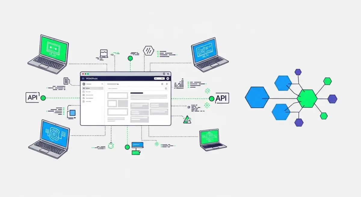 Diagram illustrating Jamstack architecture with laptops connecting to APIs and a central WordPress dashboard.