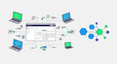 Diagram illustrating Jamstack architecture with laptops connecting to APIs and a central WordPress dashboard.
