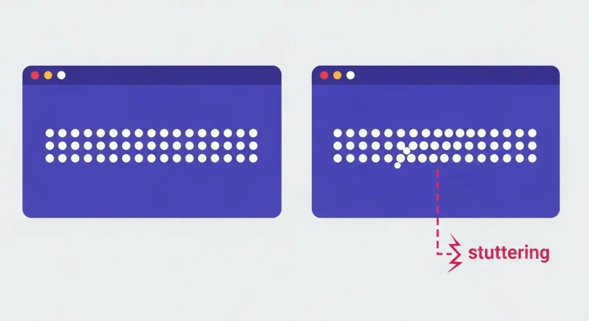 Two browser windows, one with uniform dots, the other with stuttering dots indicating jank.