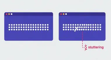 Two browser windows, one with uniform dots, the other with stuttering dots indicating jank.