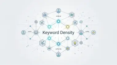 A network diagram illustrates the concept of keyword density with interconnected nodes, icons, and directional relationship labels.