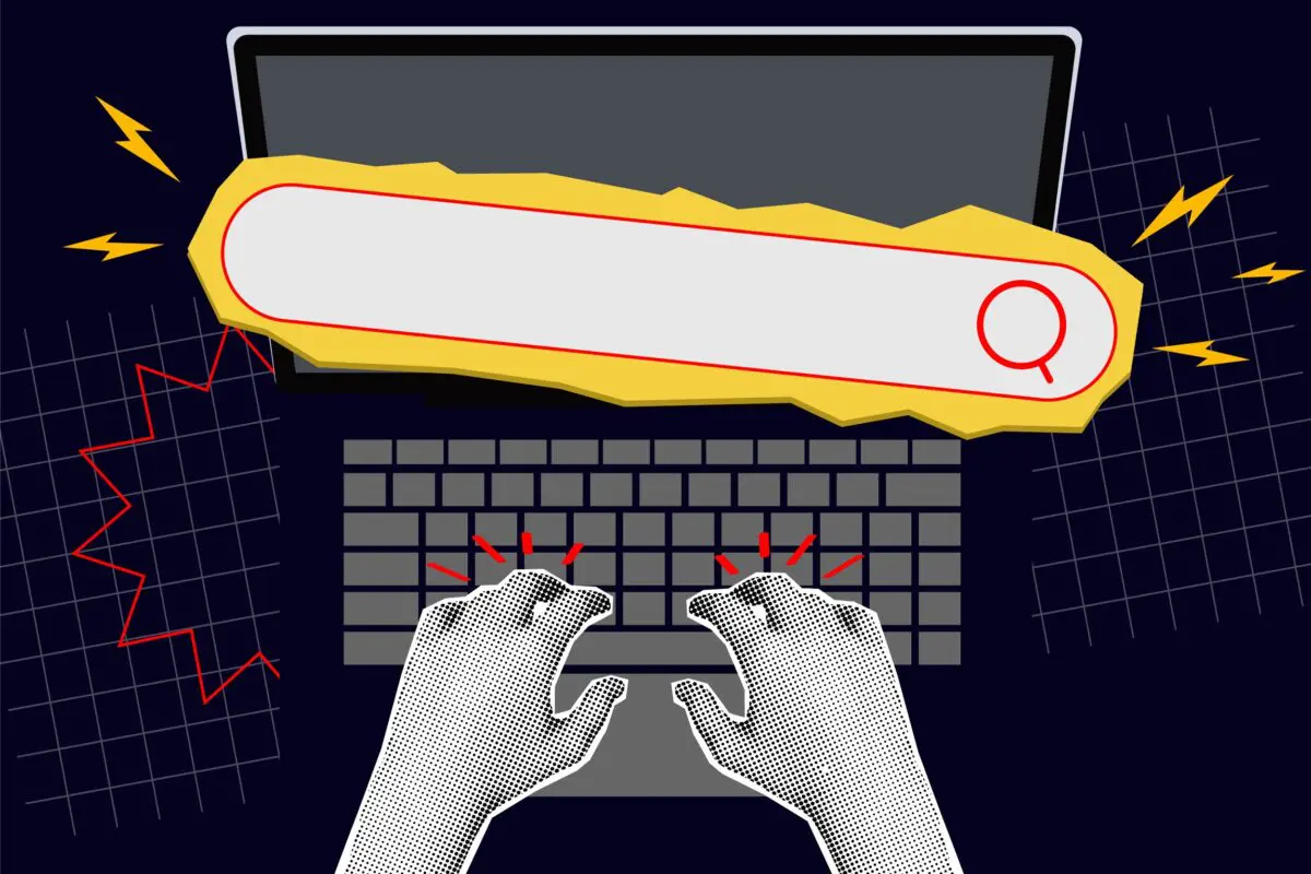 A stylized illustration features hands typing on a laptop beneath a prominent search bar against a dark grid background.