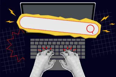 A stylized illustration features hands typing on a laptop beneath a prominent search bar against a dark grid background.
