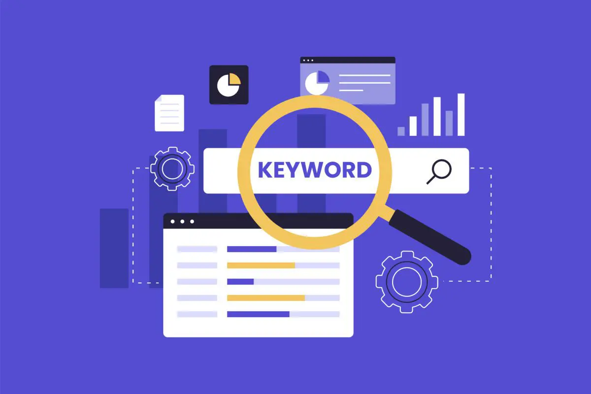 A magnifying glass focuses on a search bar labeled KEYWORD surrounded by data charts and gear icons.