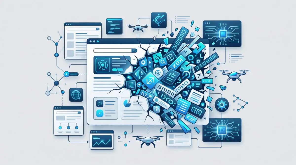 A webpage shatters, releasing a flurry of blue technology icons, data blocks, and keywords.