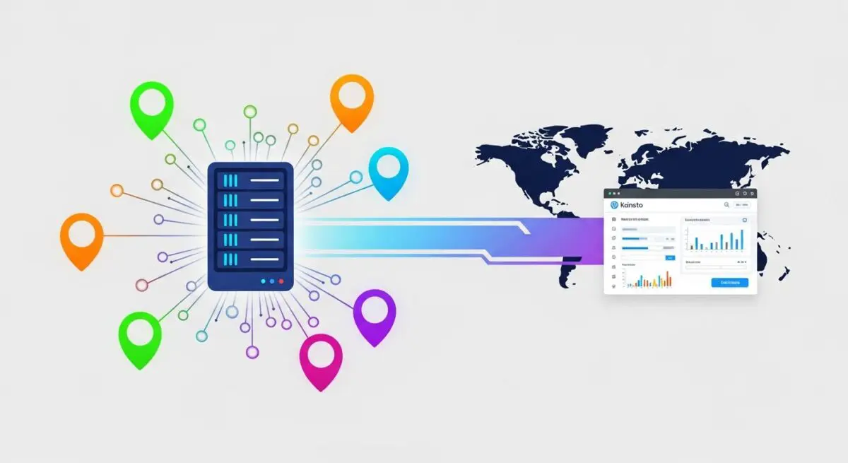 Server connected to world map via Kinsta Edge Caching interface showing performance analytics.