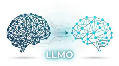 Two brain-shaped neural networks are connected by a stream of data arrows above the text LLMO.