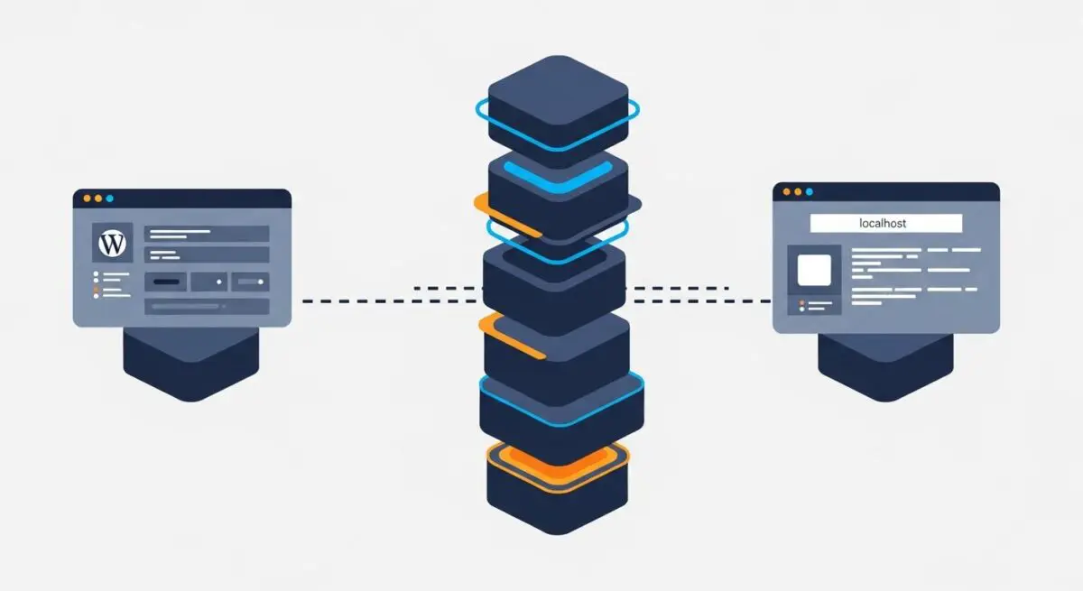 Diagram showing a WordPress dashboard connecting to a localhost server via a layered stack, illustrating Lando for WordPress.