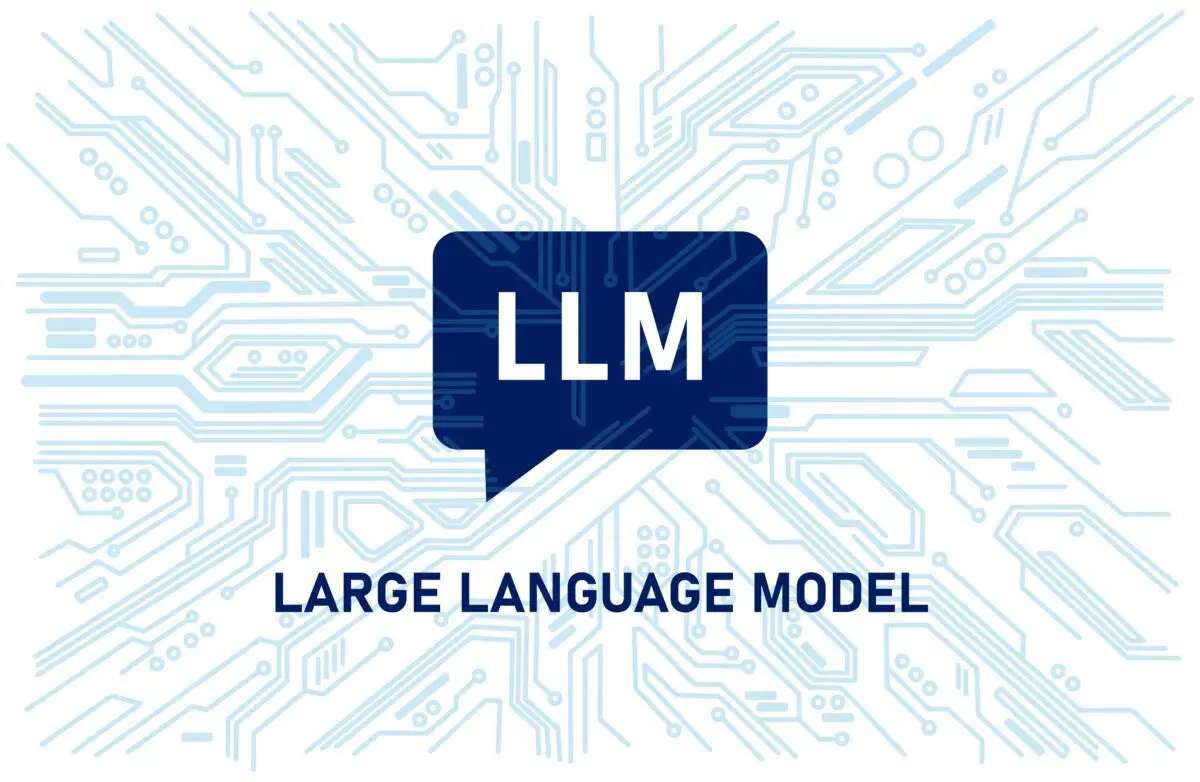 A speech bubble with the text LLM sits centered over a background of intricate digital circuit board patterns.