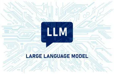 A speech bubble with the text LLM sits centered over a background of intricate digital circuit board patterns.