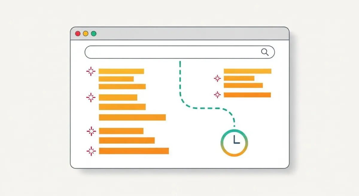 Illustration showing a website interface with data bars, a search bar, and a clock icon symbolizing latency optimization.