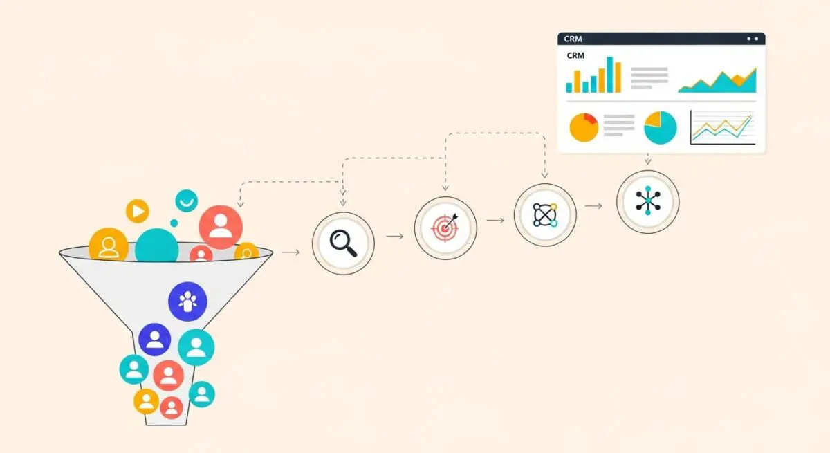 Illustration of a sales funnel generating and processing leads for lead gen, leading to CRM analytics.