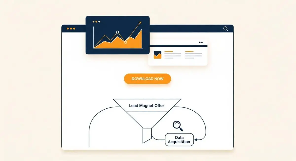 Illustration of a funnel for lead magnet offer and data acquisition, with a download button.