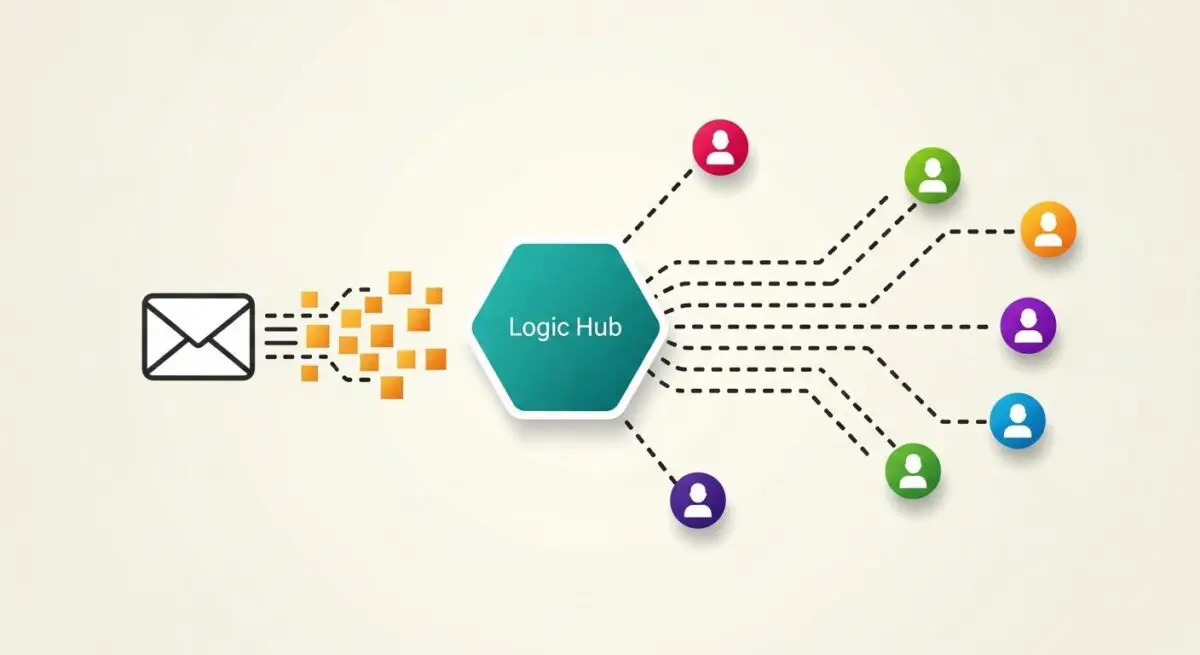 An illustration showing an email being processed through a logic hub to multiple user icons, representing lead routing.